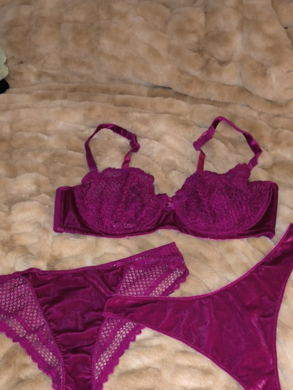 Savage X Fenty Velvet Vixen Unlined Balconette Bra, Cheeky Panty & Thong Set